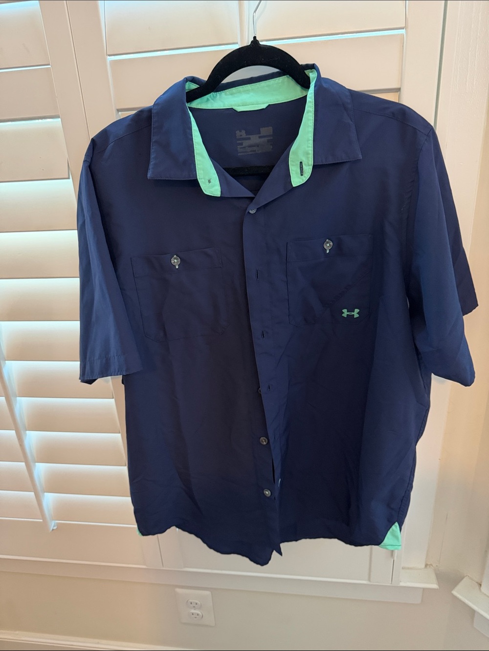Under Armour Navy Short Sleeve Button-Down Shirt with Mint Trim